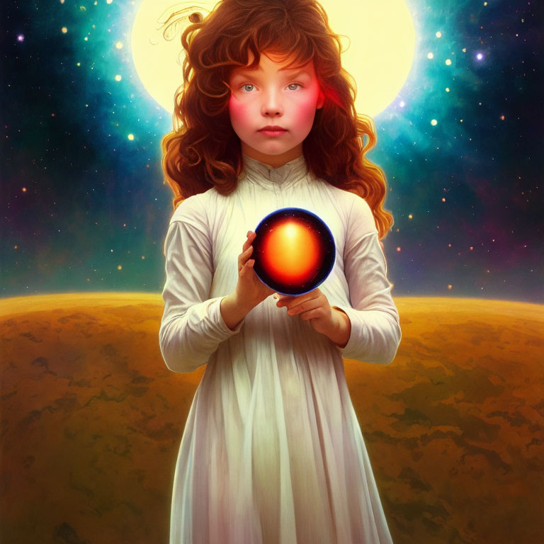 Curly-haired girl holding glowing orb against celestial backdrop