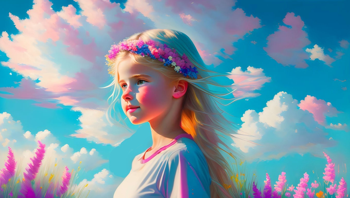 Young girl with floral crown gazes into distance against vibrant sky and colorful flowers.