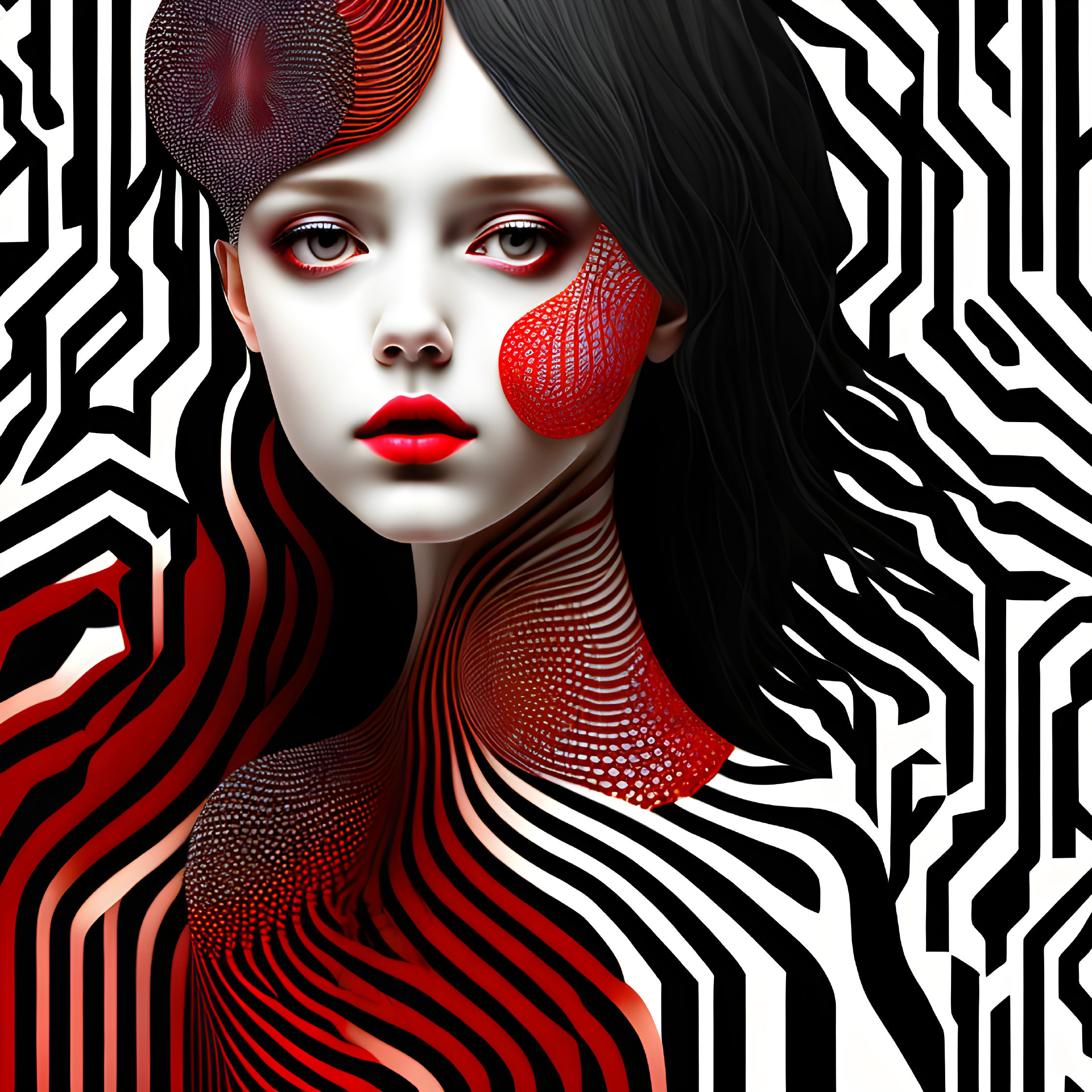 Digital artwork: Woman with black hair, pale skin, red face patterns, against geometric backdrop