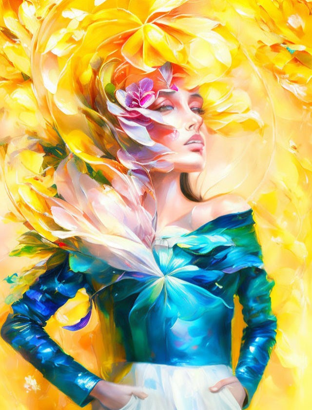 Colorful painting of woman with golden petals, blue dress, and floral headpiece