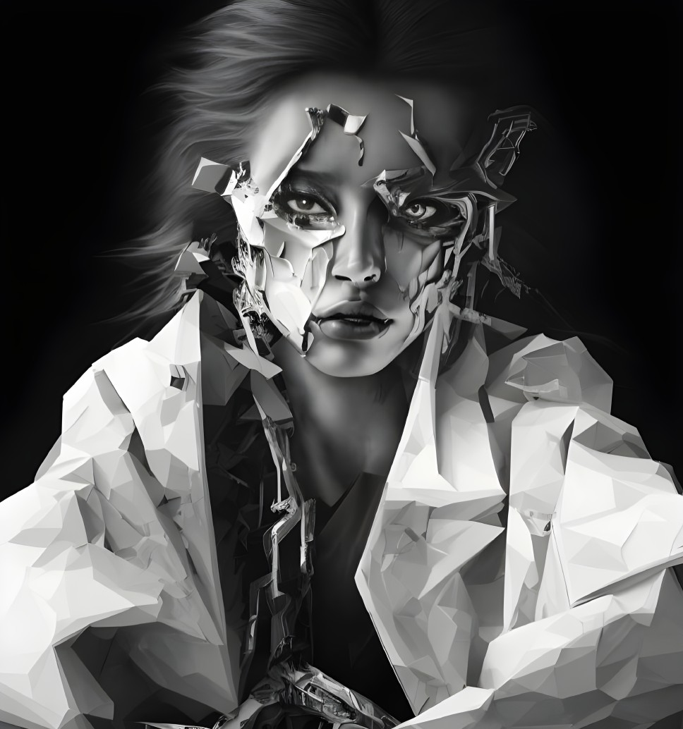 Monochromatic digital artwork: Woman with fractured, geometric surface