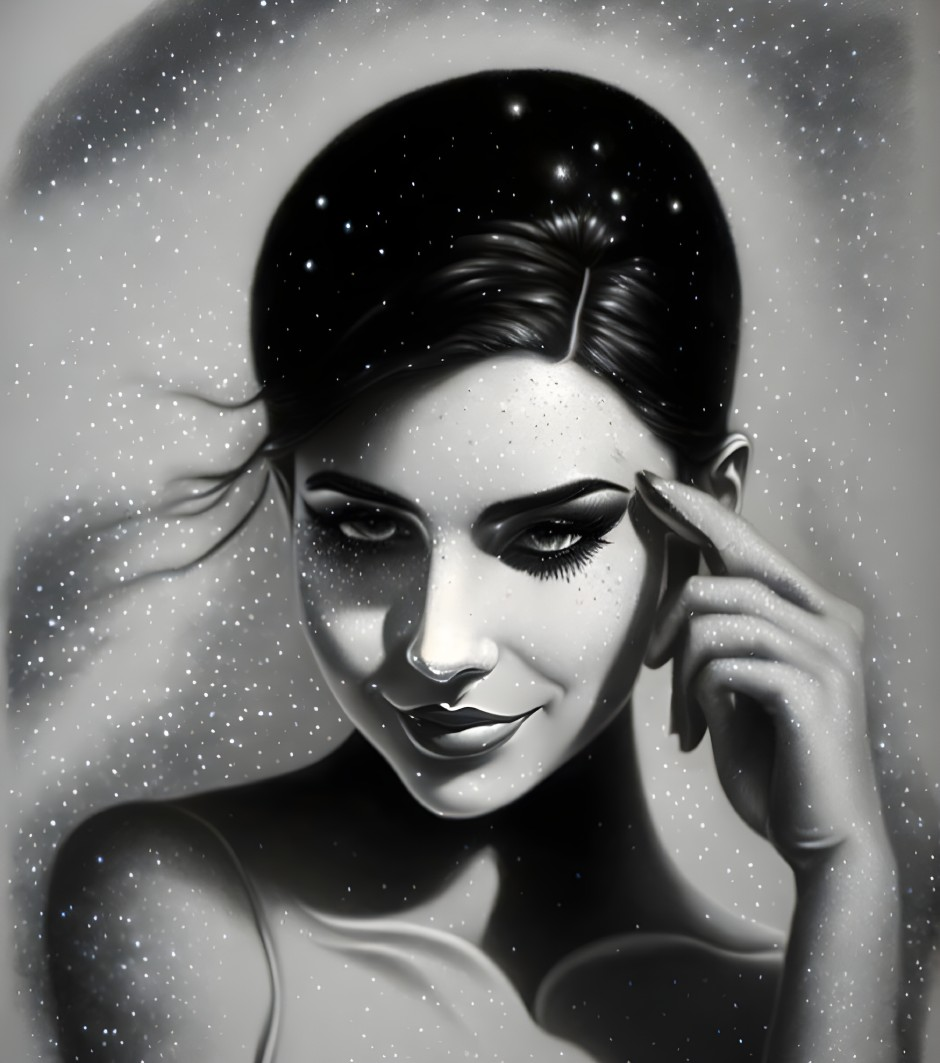 Monochrome digital artwork of a woman with space-themed hair and gentle expression.