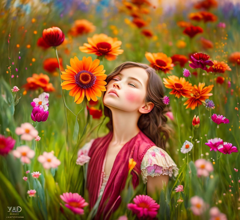 Colorful flowers surround young woman in whimsical portrait