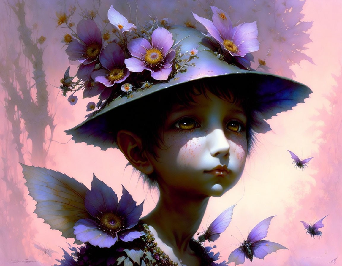 Fantasy illustration of child with expressive eyes in floral hat on pink background