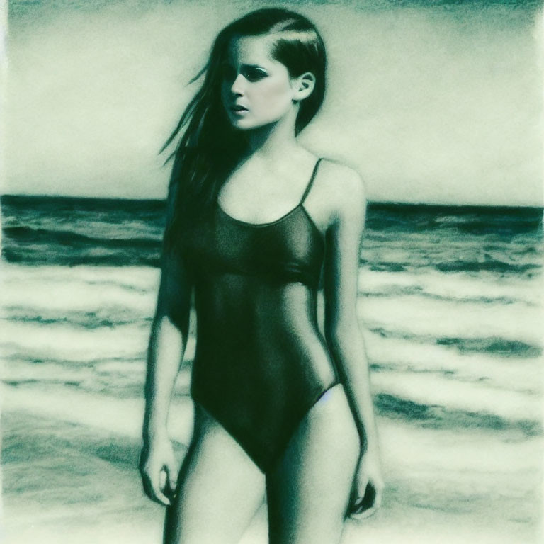 Grainy image: Woman in swimsuit by shoreline, contemplative