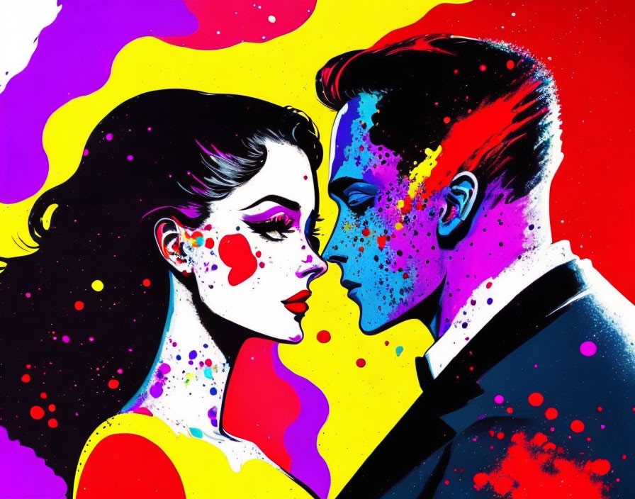 Colorful Pop Art Illustration of Man and Woman in Neon Profile Kiss