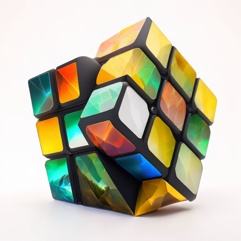 Translucent colorful Rubik's Cube with geometric pattern on white background