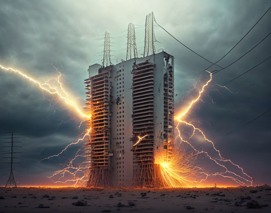 Abandoned high-rise building struck by lightning bolts in stormy sky