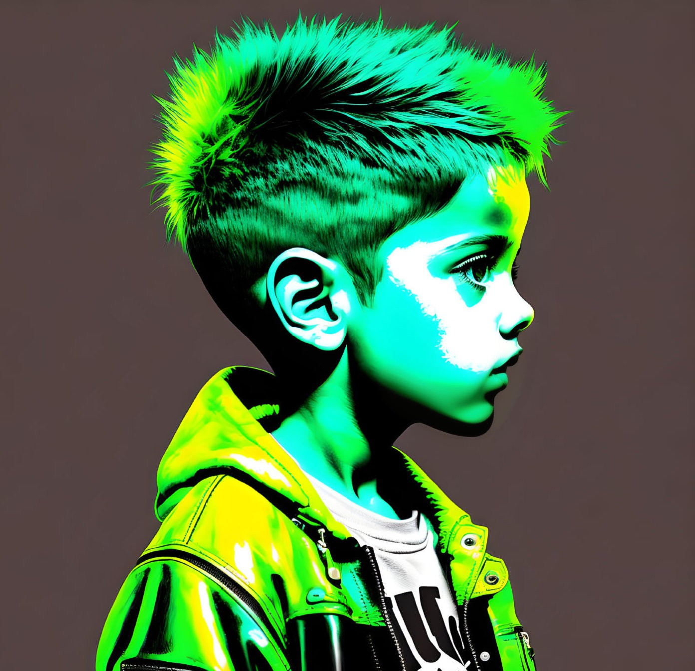 Digitally altered image of boy with spiked hair in vibrant neon colors