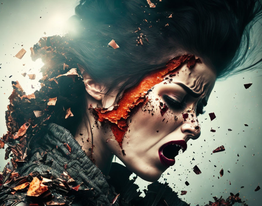 Surreal image of woman's face disintegrating into pieces