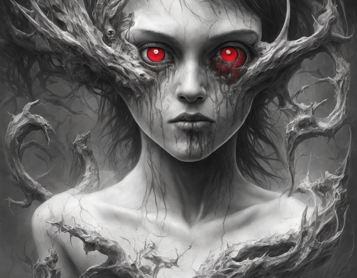 Grayscale fantasy portrait with red-eyed figure and branch-like structures