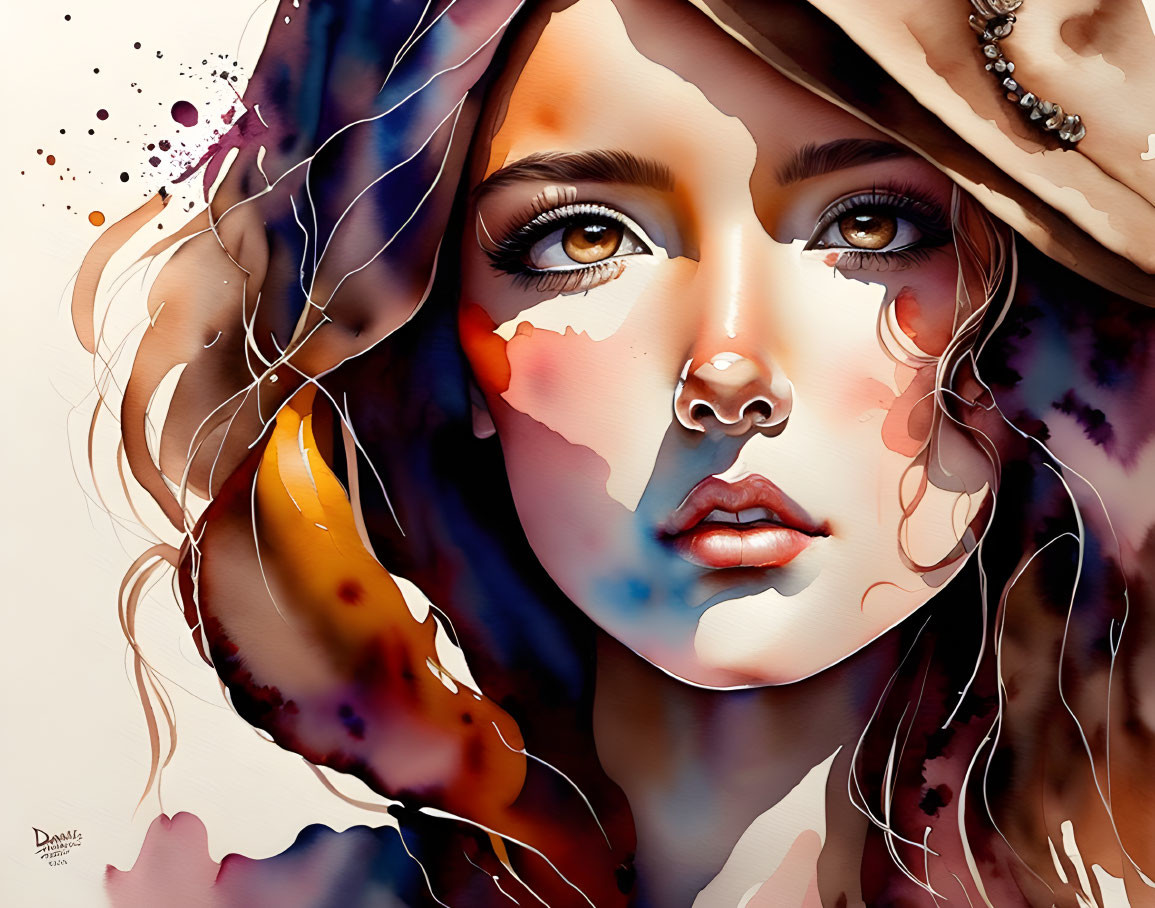 Colorful Watercolor Portrait of Woman in Hat with Ink Accents