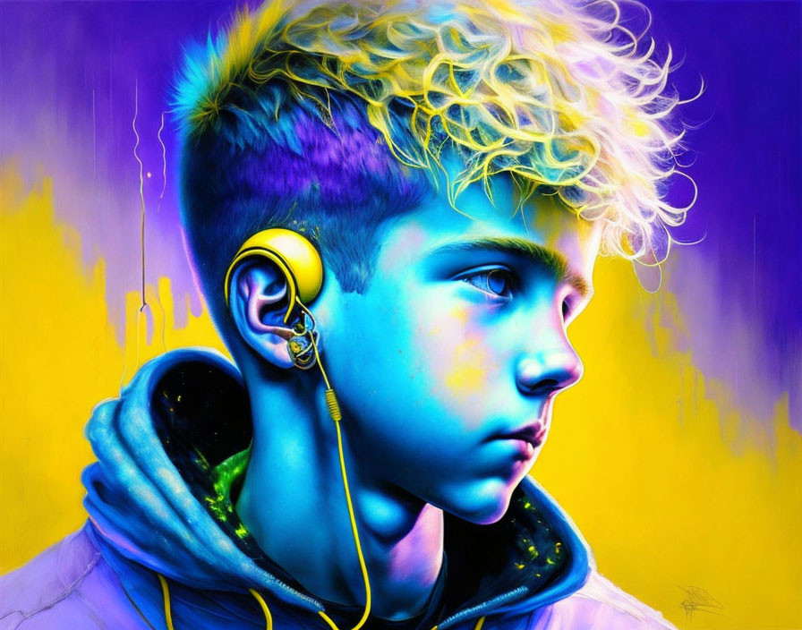 Colorful digital portrait of person with curly blonde hair and yellow headphones on purple and yellow background