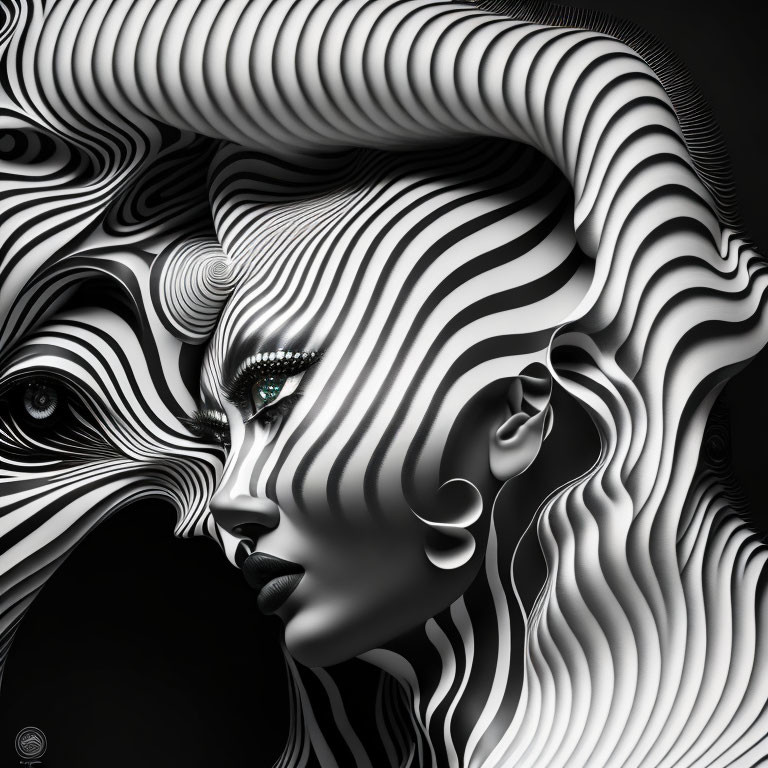 Monochrome image of woman's face in hypnotic swirling lines