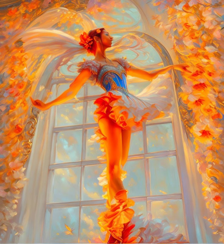 Graceful ballerina in orange tutu dances among autumn leaves in warmly lit room