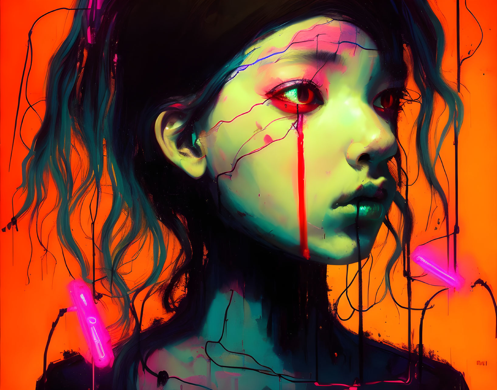 Vibrant neon-hued portrait with paint streaks on female figure