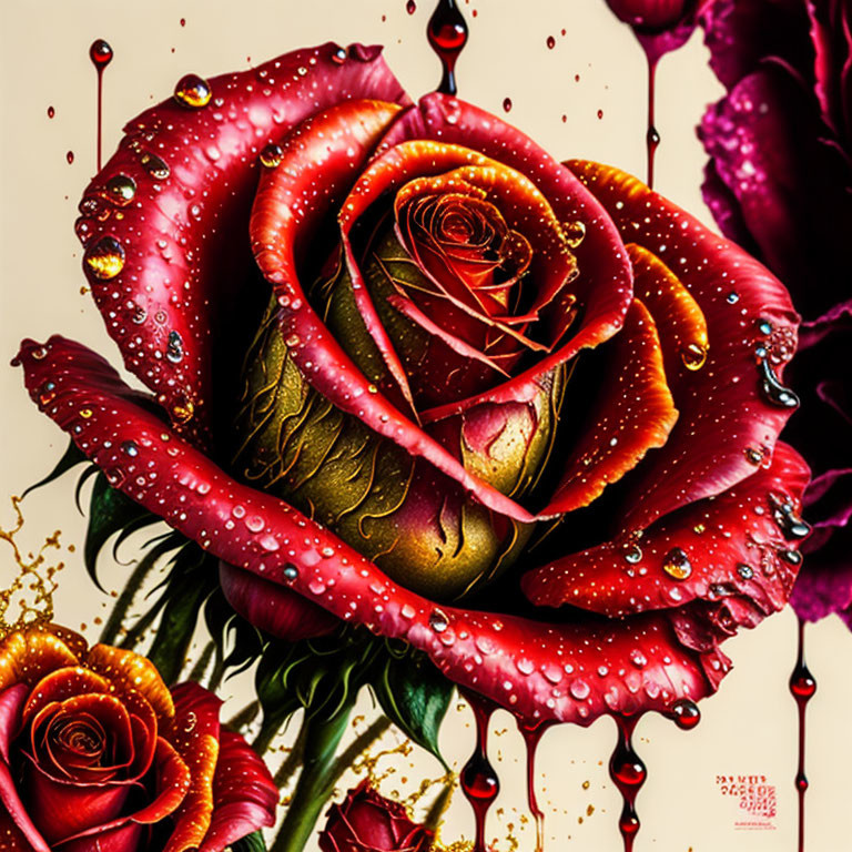 Digitally enhanced image of red roses with water droplets and blood-like splatters on beige background