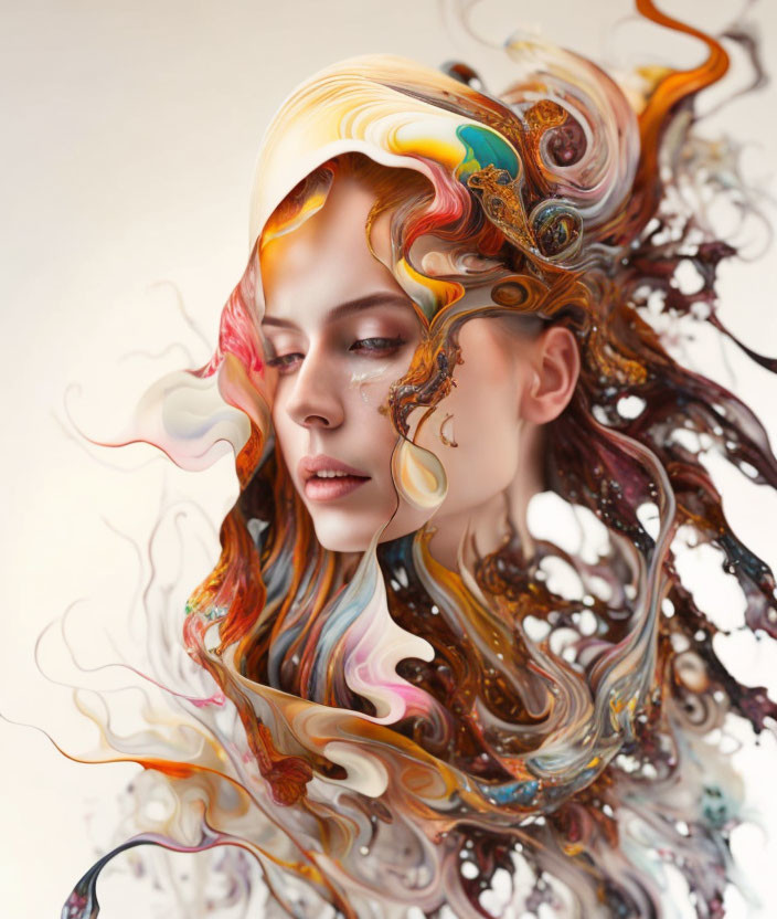 Colorful Abstract Portrait of Woman with Flowing Hair