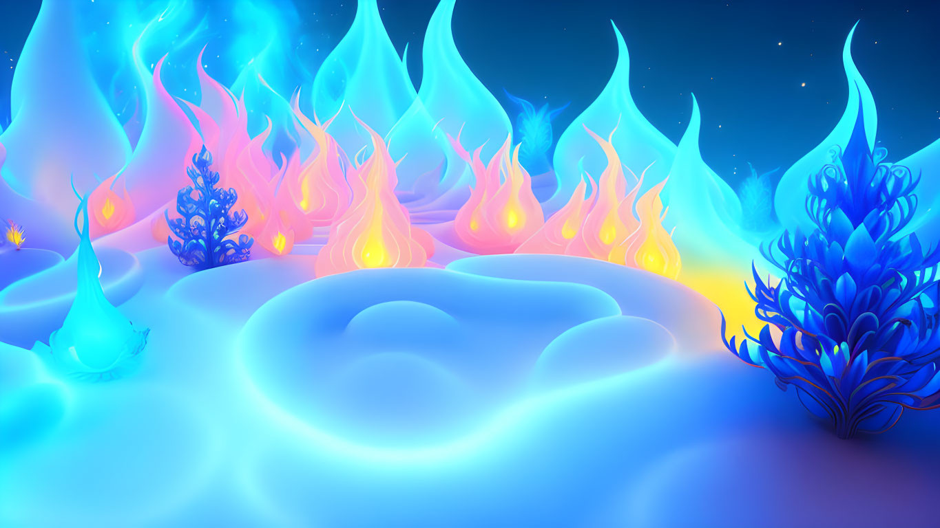 Surreal digital artwork of icy landscape with blue foliage and magical flames