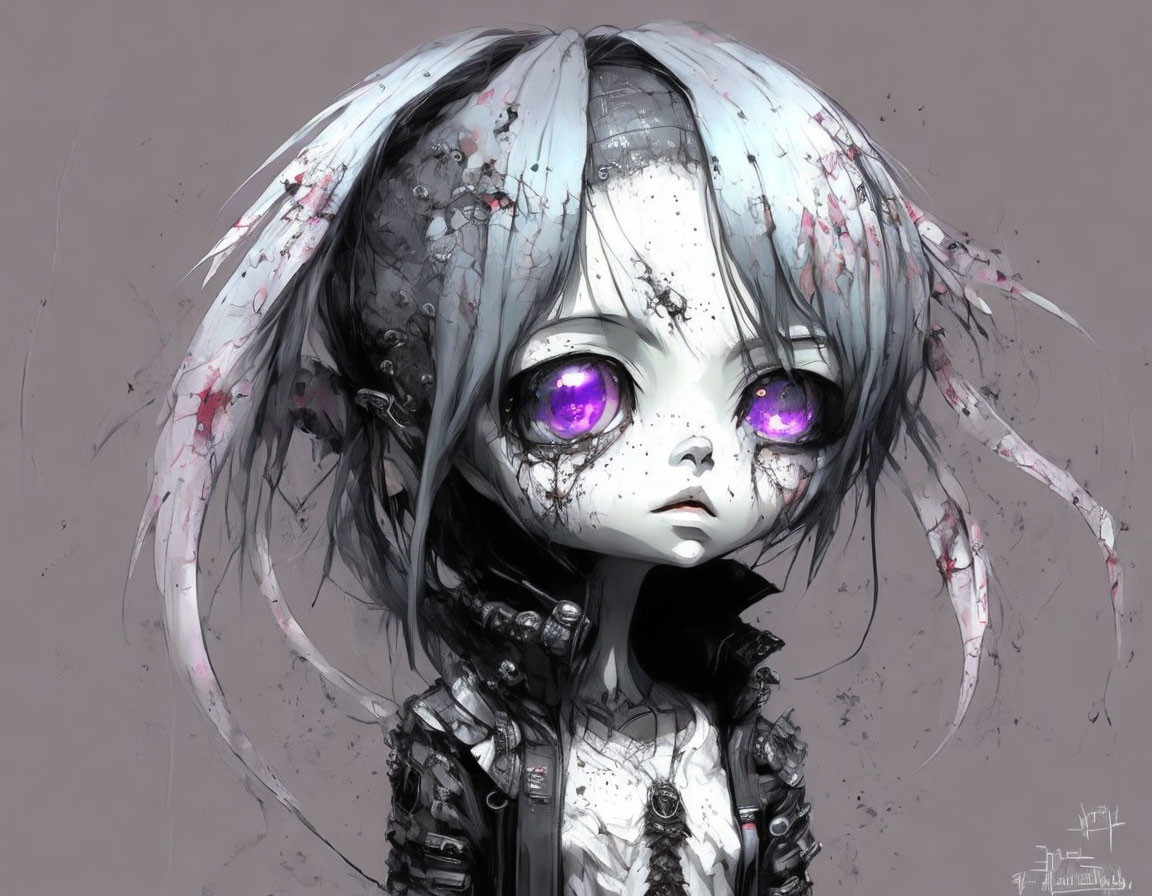 Stylized illustration of a girl with purple eyes and white hair, gothic and ethereal.