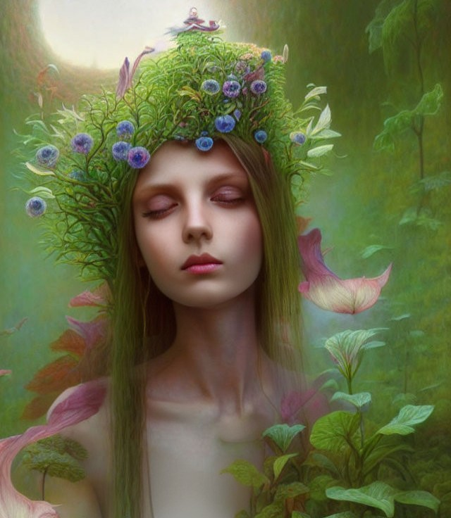 Woman with closed eyes and floral crown in mystical forest setting