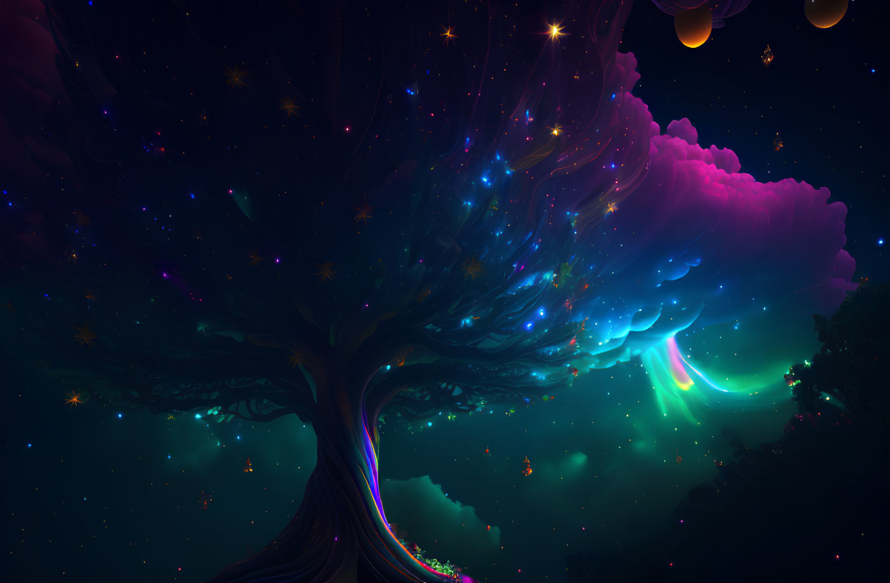 Colorful cosmic tree against starry space backdrop with orbs and aurora lights