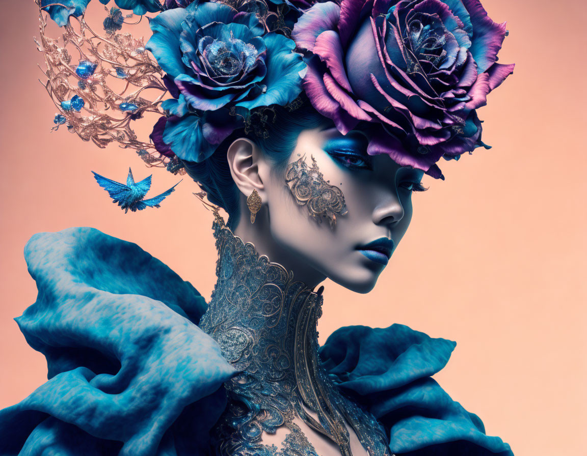 Woman with artistic blue tone makeup and floral headpiece with butterfly - fantasy aesthetic