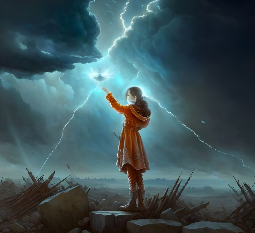 Figure in red cloak reaching for glowing star amidst ruins and storm clouds