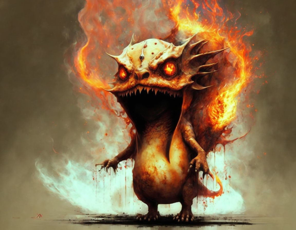 Fantasy creature with multiple glowing eyes and sharp teeth in fiery surroundings