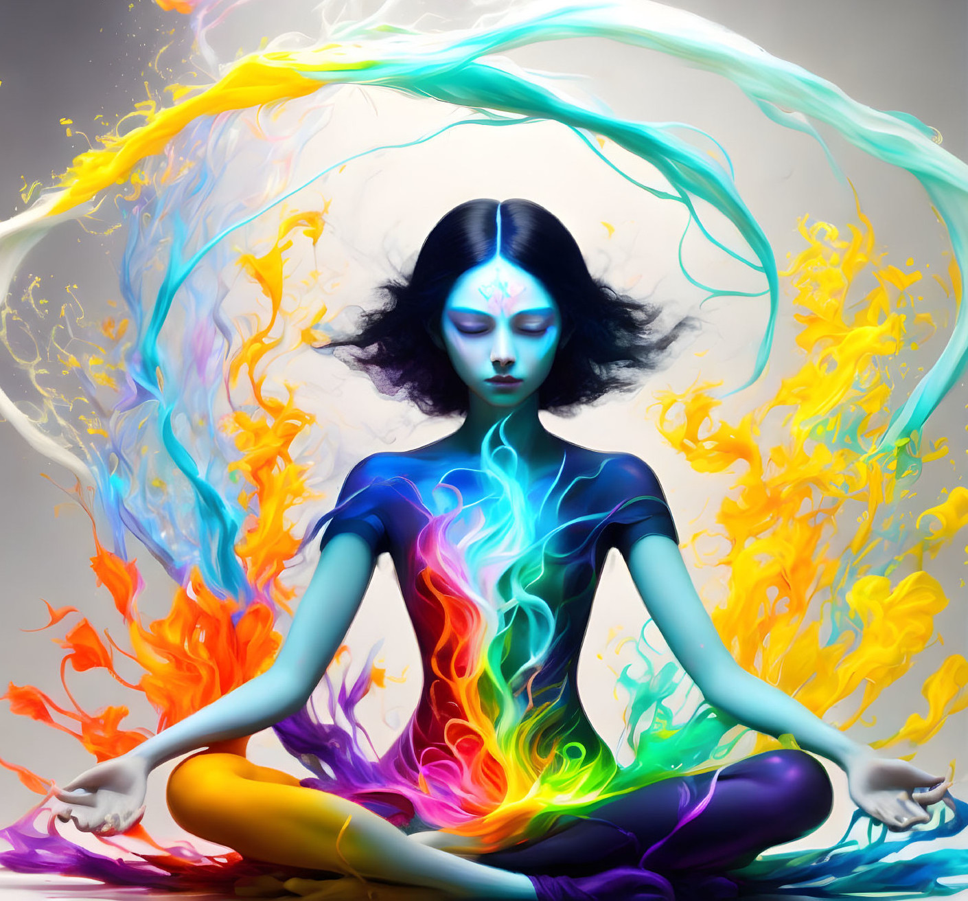 Vibrant multicolored flames swirl around a meditating figure