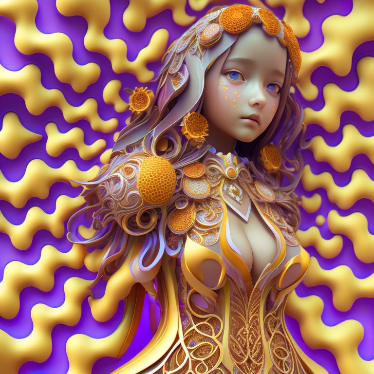 Elaborately detailed digital art portrait of female figure in golden attire on purple and yellow backdrop