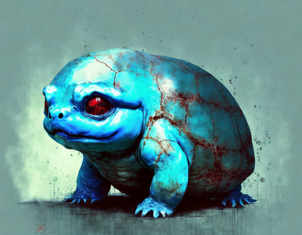 Stylized blue tortoise with textured skin and bold red eye on muted background