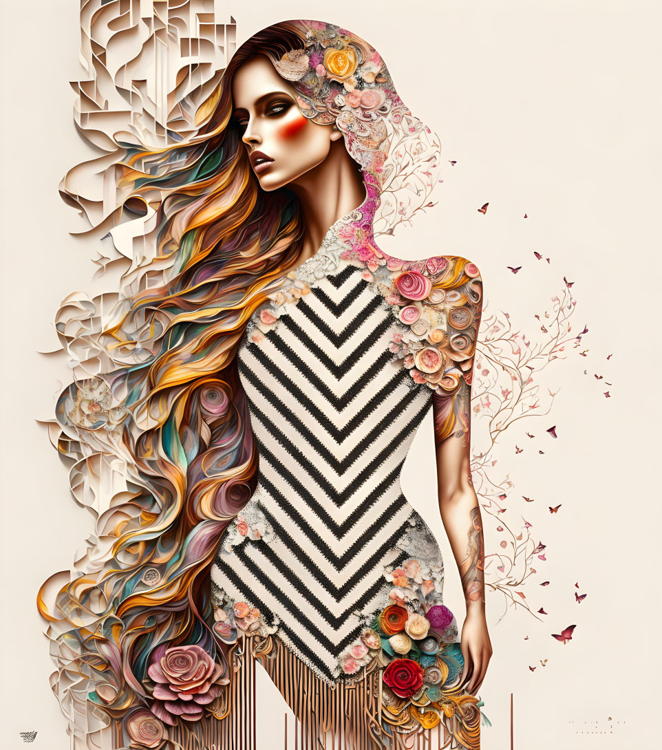 Stylized woman illustration with floral hair and patterned outfit