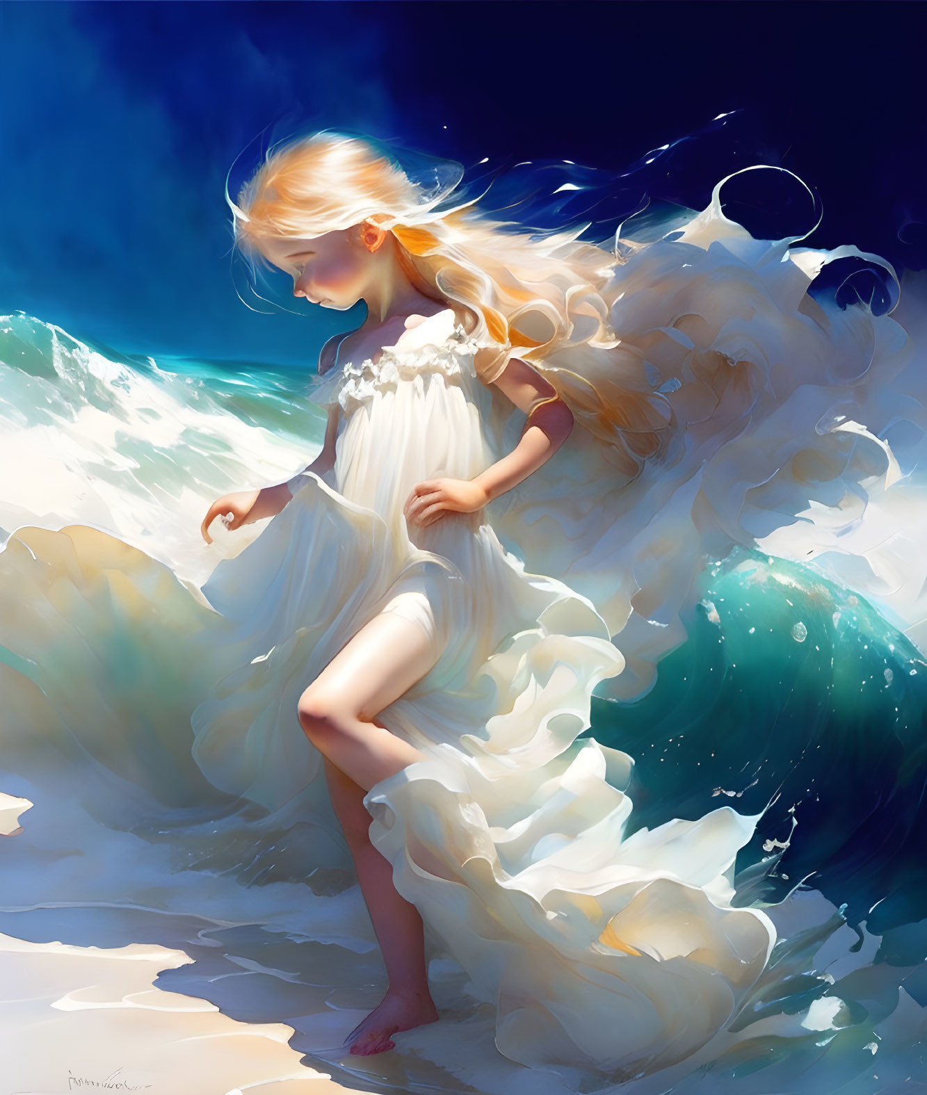 Young girl in white dress on beach with swirling waves and golden hair under clear sky