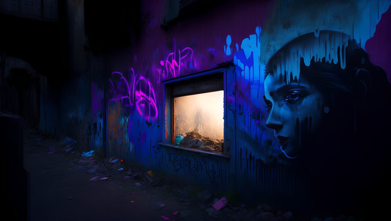 Colorful street art mural of woman portrait and abstract graffiti on dark wall.