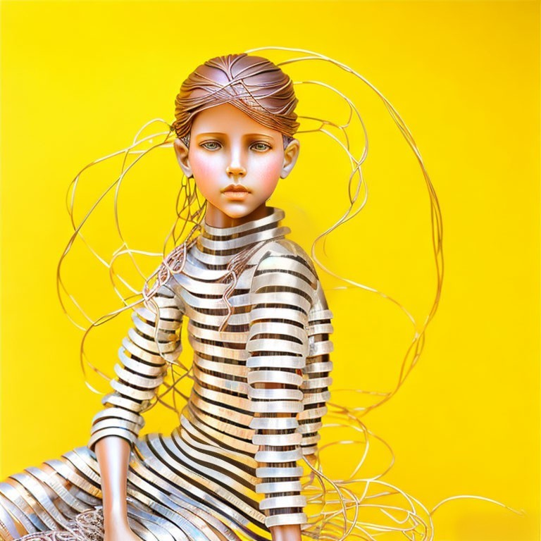 Realistic doll with intricate details in striped outfit on yellow background