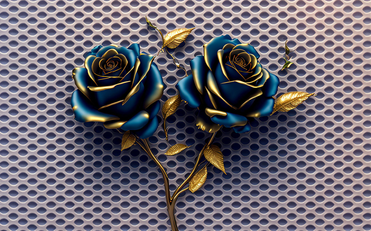 Stylized blue roses with golden edges on textured purple backdrop