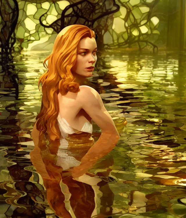 Woman with Long Wavy Hair Standing in Water Surrounded by Greenery