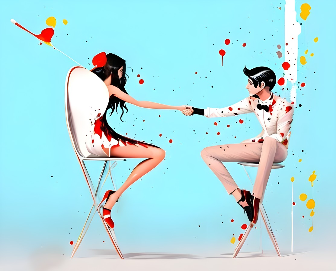 Stylized people in white outfits with red and yellow paint, holding hands on chairs