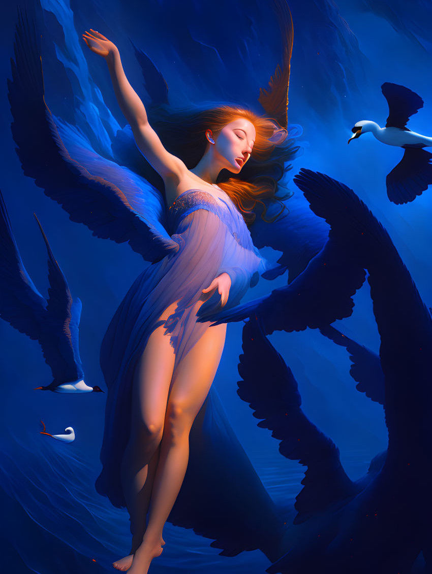 Ethereal woman with wings in blue dreamscape with white birds