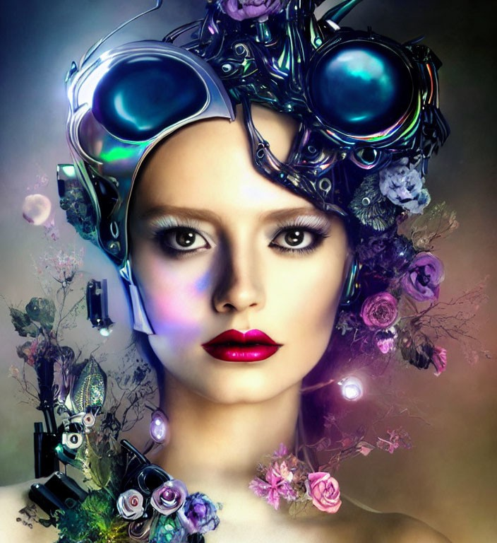 Surreal portrait of woman with futuristic floral cybernetic helmet