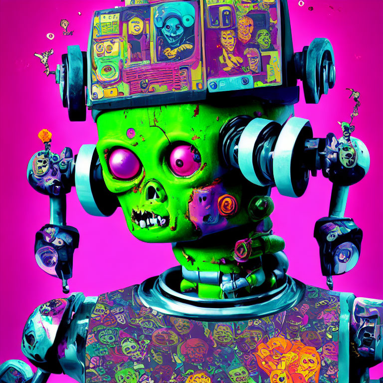 Colorful Whimsical Robot with Green Skull Face and Stickers on Pink Background