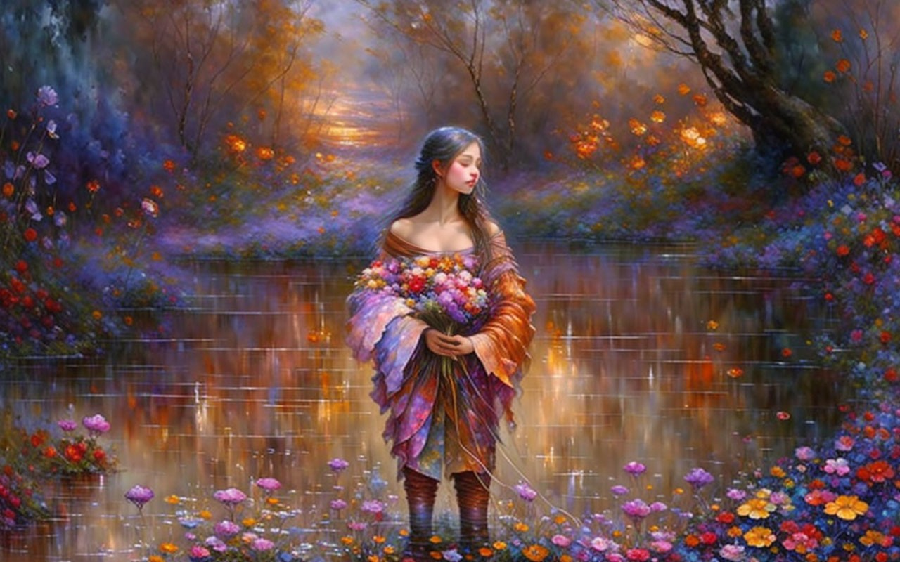 Woman with bouquet in vibrant forest by river in autumn mist