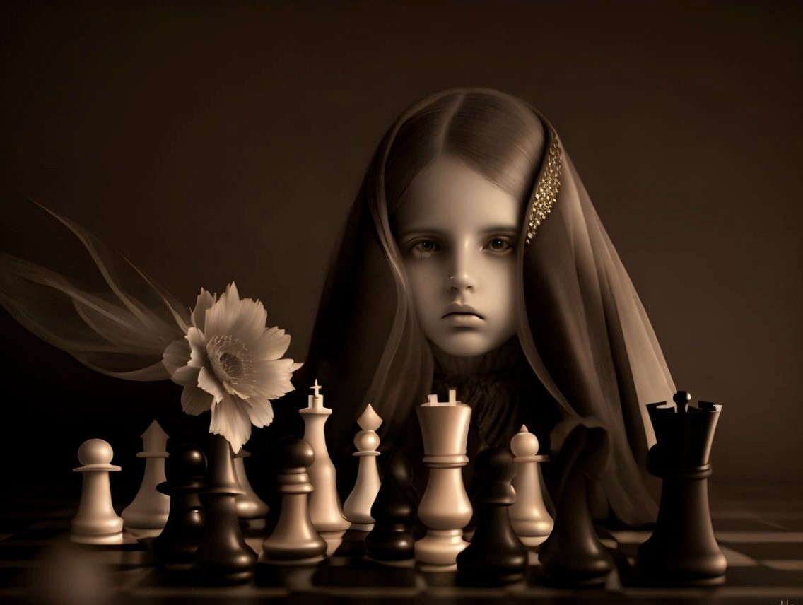 Young child with veil and chessboard, flower in hair - symbolizes contemplation and strategy