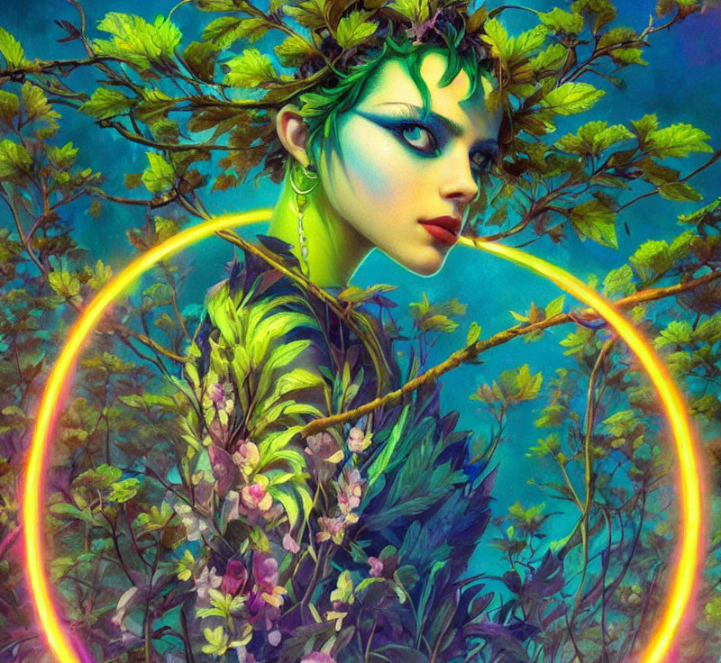 Fantastical female figure with green hair and glowing orange hoop on vibrant blue backdrop