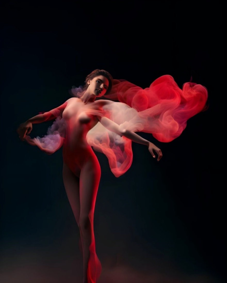 Dynamic Pose Surrounded by Red and White Smoke on Dark Background