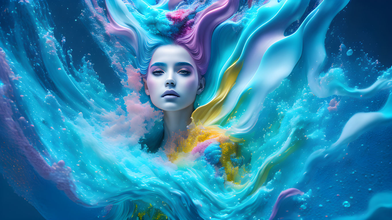 Surreal digital art: woman's face in vibrant swirling colors