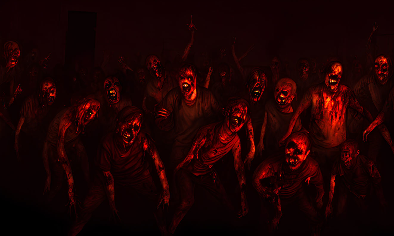 Menacing zombies with eerie glowing eyes under blood-red light