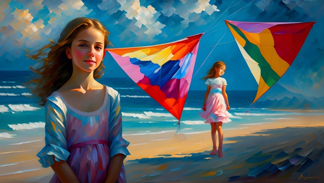 Colorful painting of two girls with kites on sunny beach