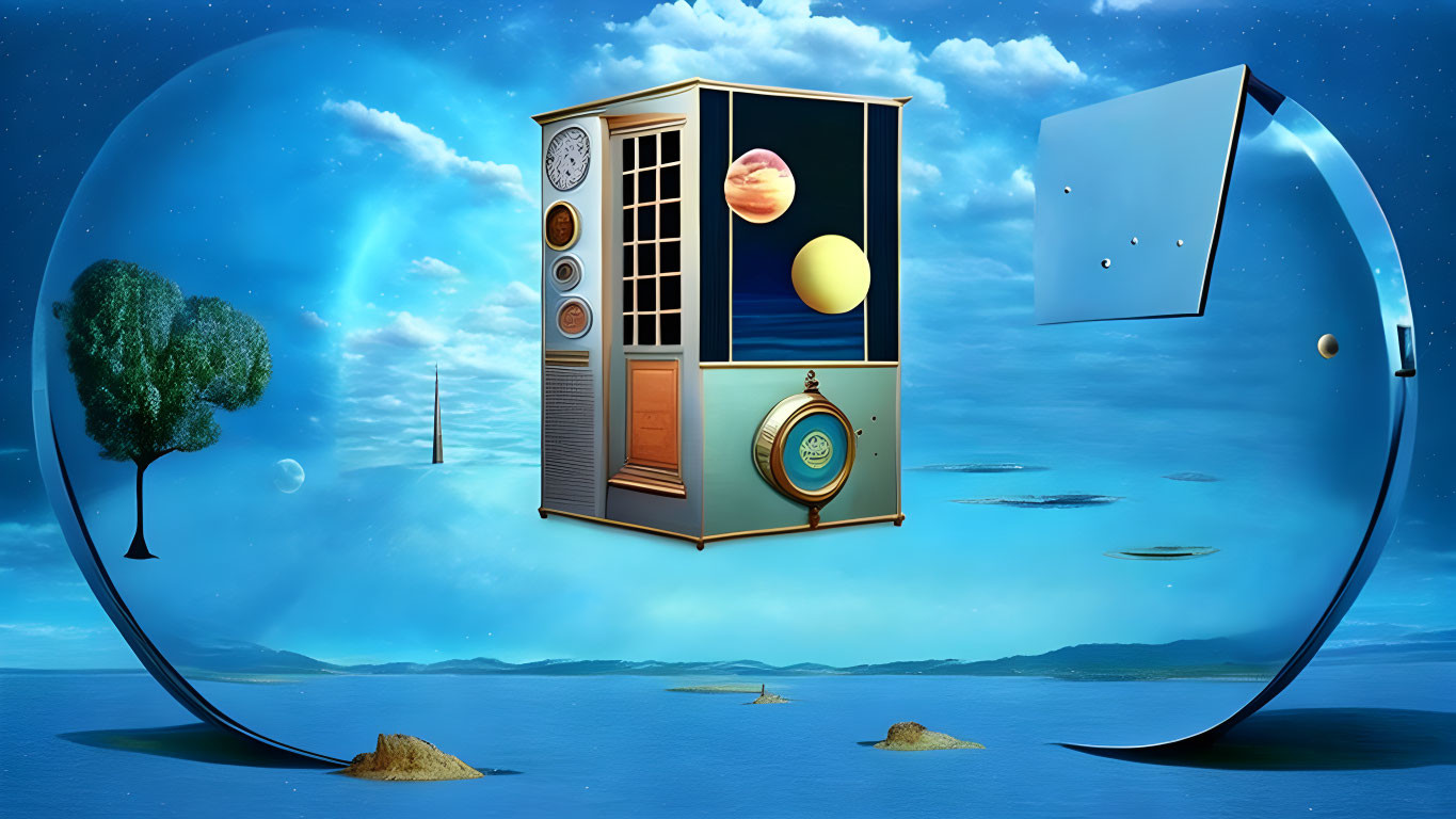 Surreal landscape with clock-faced cabinet, floating islands, and bubble dome